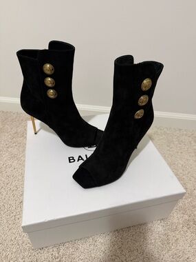 Balmain Black Suede Open-Toe Ankle Booties with Gold Medallion Buttons